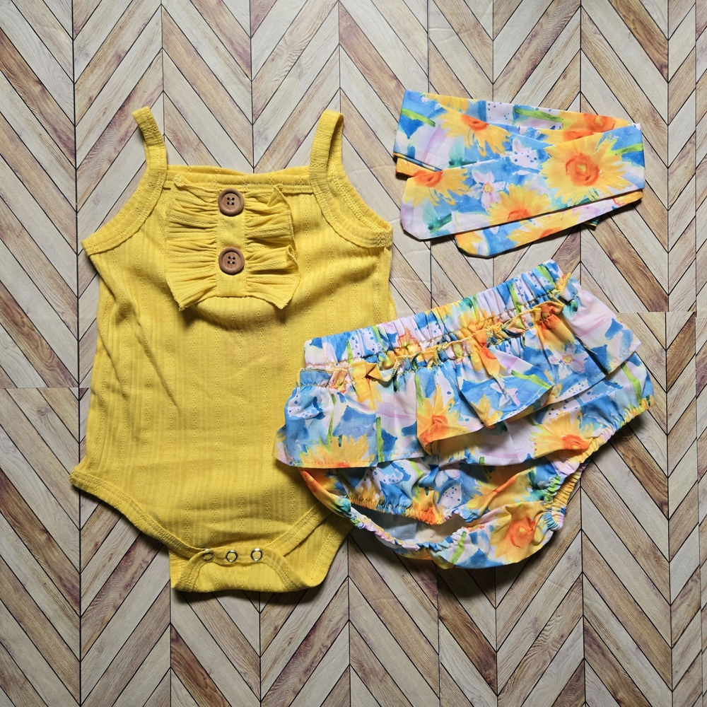 Sunflower Ruffle Baby Girls 3pc Outfit Bodysuit Bloomer Headband Set Size 12-18M